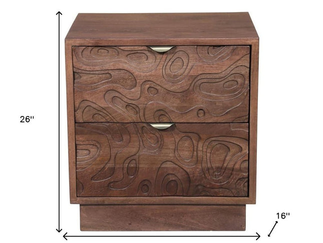 26" Brown Solid Wood Carved Abstract Two Drawer Nightstand