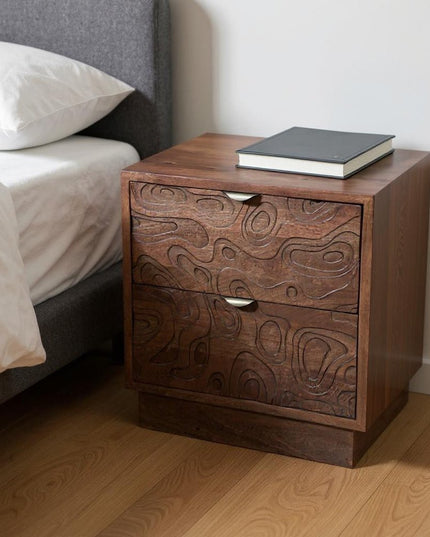 26" Brown Solid Wood Carved Abstract Two Drawer Nightstand
