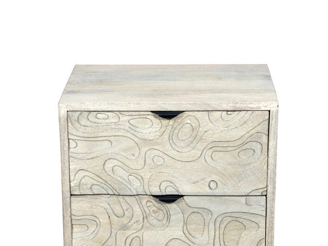26" Gray Solid Wood Carved Abstract Two Drawer Nightstand
