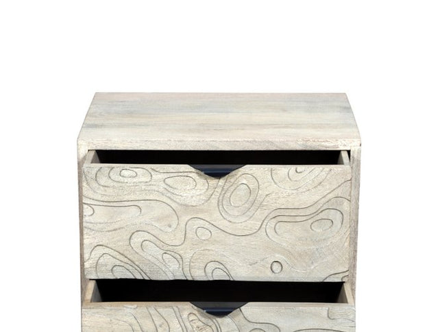 26" Gray Solid Wood Carved Abstract Two Drawer Nightstand
