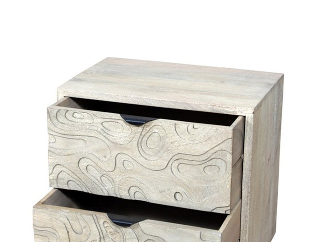 26" Gray Solid Wood Carved Abstract Two Drawer Nightstand