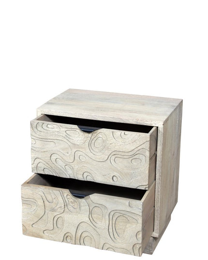 26" Gray Solid Wood Carved Abstract Two Drawer Nightstand