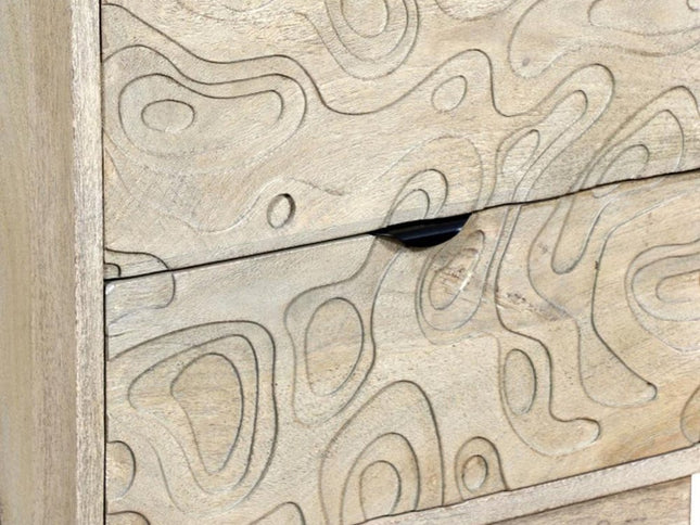 26" Gray Solid Wood Carved Abstract Two Drawer Nightstand