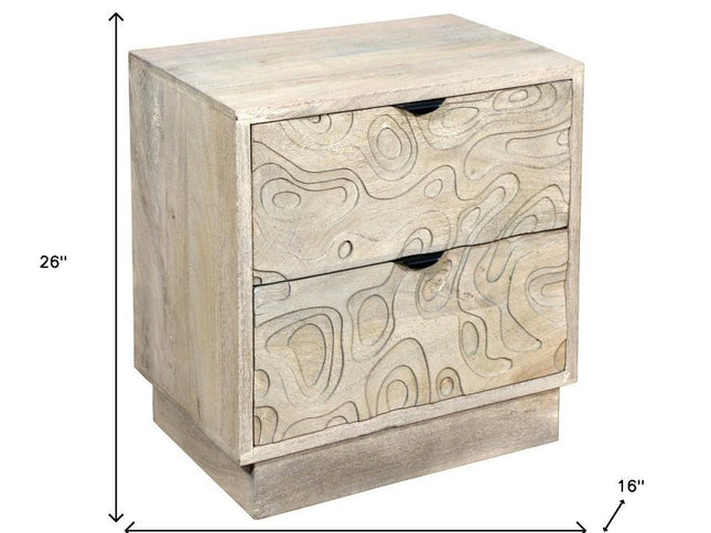 26" Gray Solid Wood Carved Abstract Two Drawer Nightstand