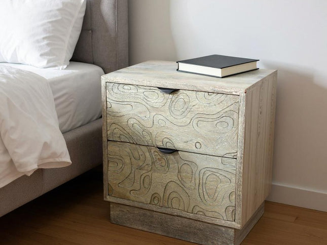 26" Gray Solid Wood Carved Abstract Two Drawer Nightstand