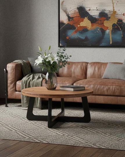 39" Brown and Black Solid Wood And Iron Round Cross Legs Coffee Table