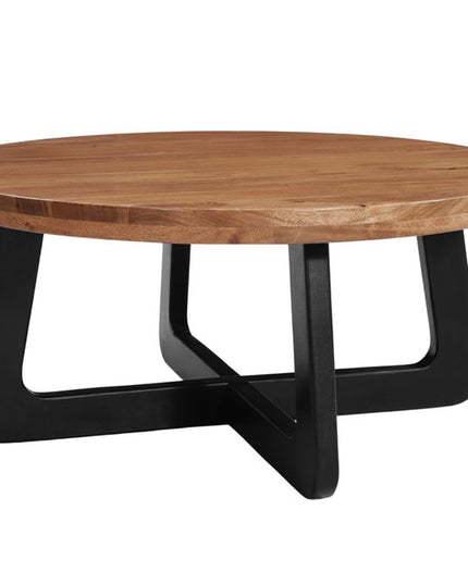 39" Brown and Black Solid Wood And Iron Round Cross Legs Coffee Table