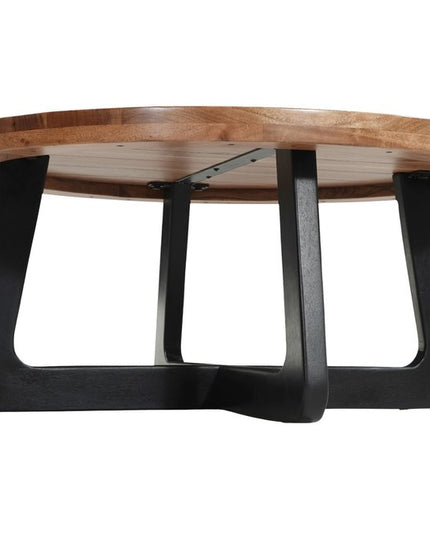 39" Brown and Black Solid Wood And Iron Round Cross Legs Coffee Table