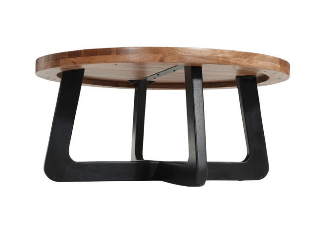 39" Brown and Black Solid Wood And Iron Round Cross Legs Coffee Table