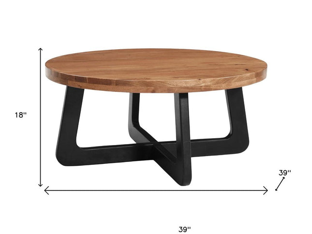 39" Brown and Black Solid Wood And Iron Round Cross Legs Coffee Table