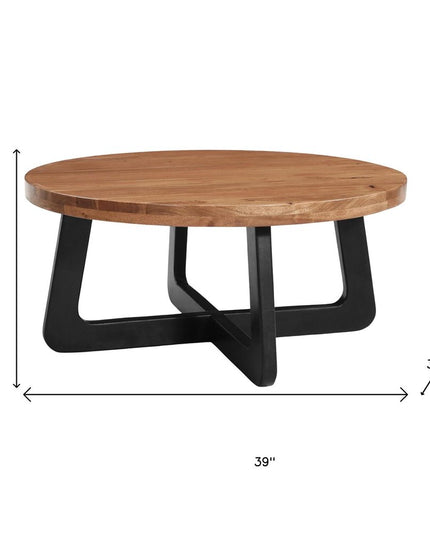39" Brown and Black Solid Wood And Iron Round Cross Legs Coffee Table