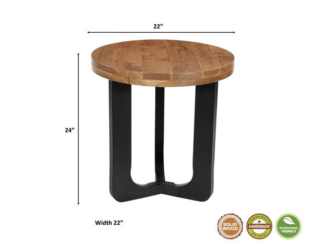 24" Brown and Black Solid Wood And Iron Round Cross Legs End Table