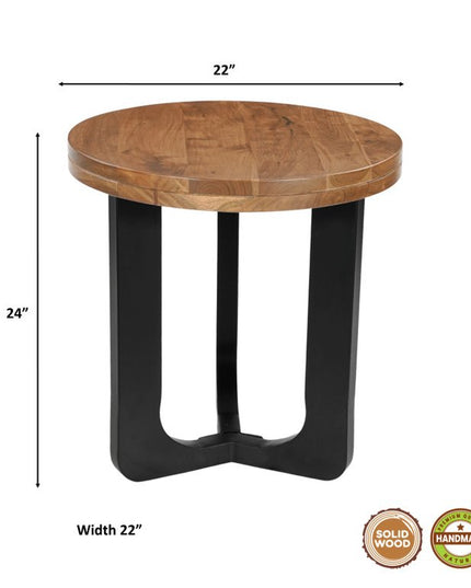 24" Brown and Black Solid Wood And Iron Round Cross Legs End Table