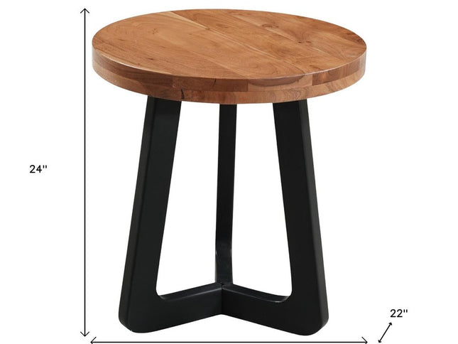 24" Brown and Black Solid Wood And Iron Round Cross Legs End Table