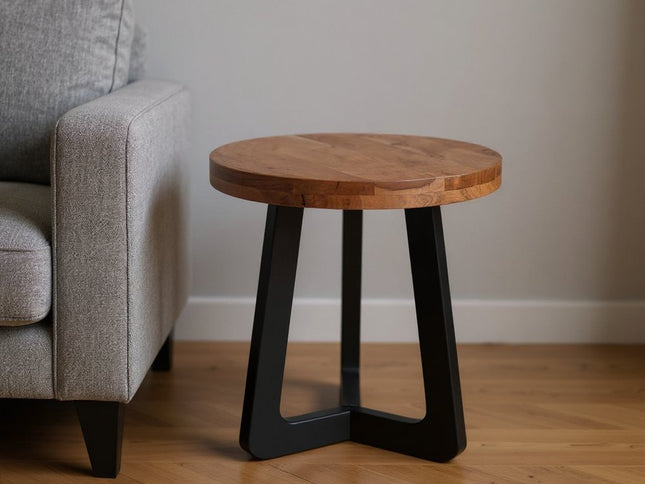 24" Brown and Black Solid Wood And Iron Round Cross Legs End Table