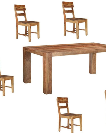 Seven Piece Brown Solid Wood Dining Set with Six Chairs and One Bench