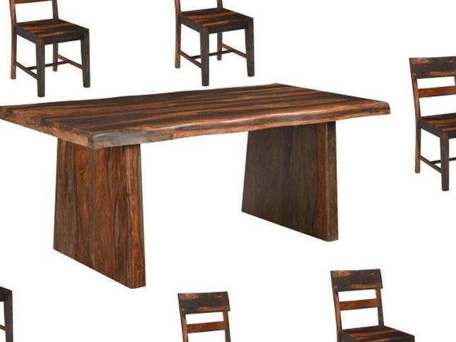 Seven Piece Brown Solid Wood Dining Set with Six Chairs and One Bench