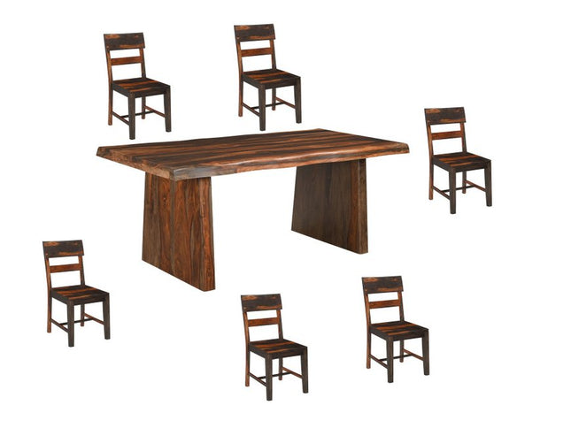 Seven Piece Brown Solid Wood Dining Set with Six Chairs and One Bench