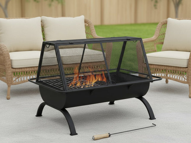 36" Black Steel Wood Burning Rectangular Fire pit With Cover