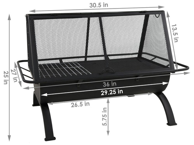36" Black Steel Wood Burning Rectangular Fire pit With Cover