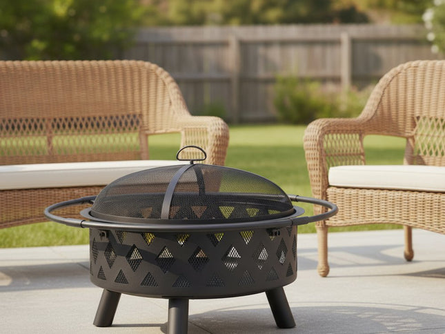 30" Black Steel Wood Burning Round Fire pit With Cover