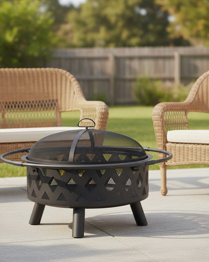 30" Black Steel Wood Burning Round Fire pit With Cover