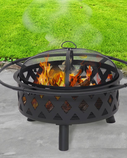 30" Black Steel Wood Burning Round Fire pit With Cover