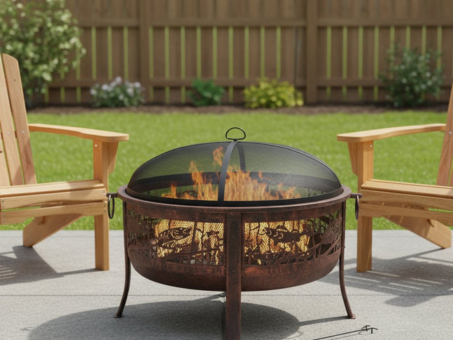 34" Bronze Steel Wood Burning Round Fire pit With Cover