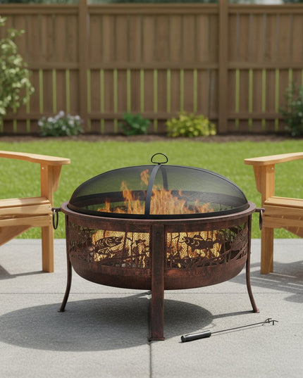 34" Bronze Steel Wood Burning Round Fire pit With Cover