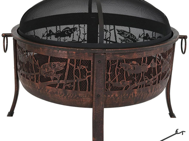 34" Bronze Steel Wood Burning Round Fire pit With Cover