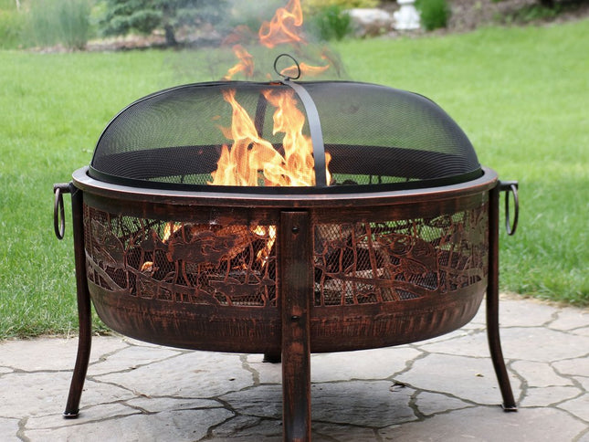 34" Bronze Steel Wood Burning Round Fire pit With Cover