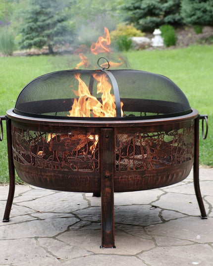 34" Bronze Steel Wood Burning Round Fire pit With Cover