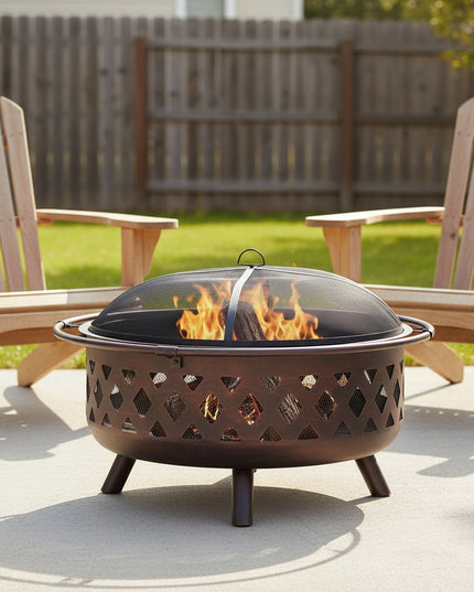 36" Bronze Steel Wood Burning Round Fire pit With Cover