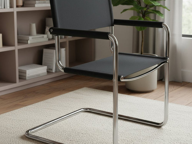 23" Silver And Black Genuine Leather and Stainless Steel Arm Chair