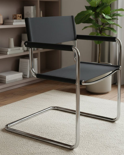 23" Silver And Black Genuine Leather and Stainless Steel Arm Chair