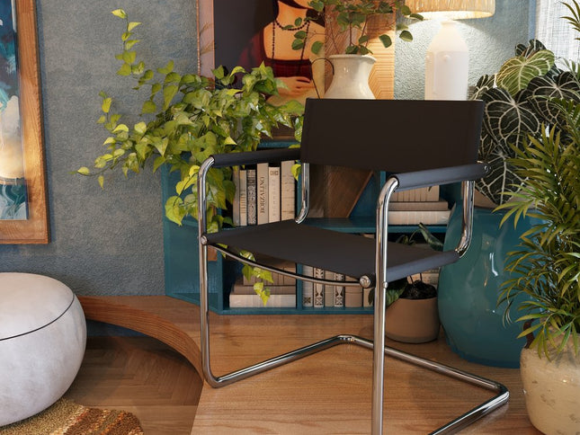 23" Silver And Black Genuine Leather and Stainless Steel Arm Chair