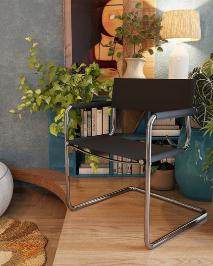 23" Silver And Black Genuine Leather and Stainless Steel Arm Chair