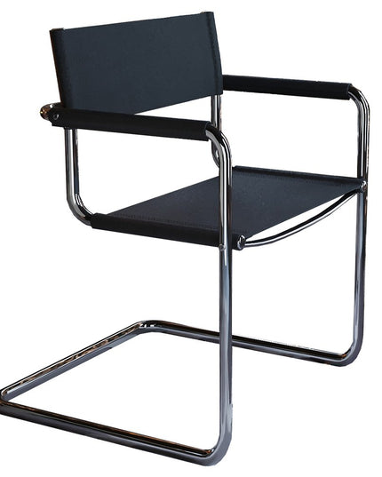 23" Silver And Black Genuine Leather and Stainless Steel Arm Chair