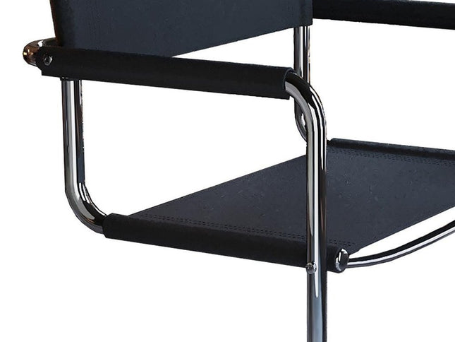 23" Silver And Black Genuine Leather and Stainless Steel Arm Chair