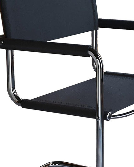23" Silver And Black Genuine Leather and Stainless Steel Arm Chair