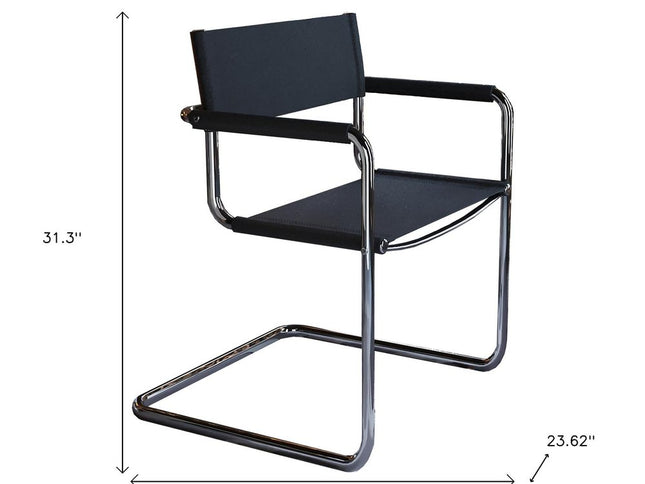 23" Silver And Black Genuine Leather and Stainless Steel Arm Chair