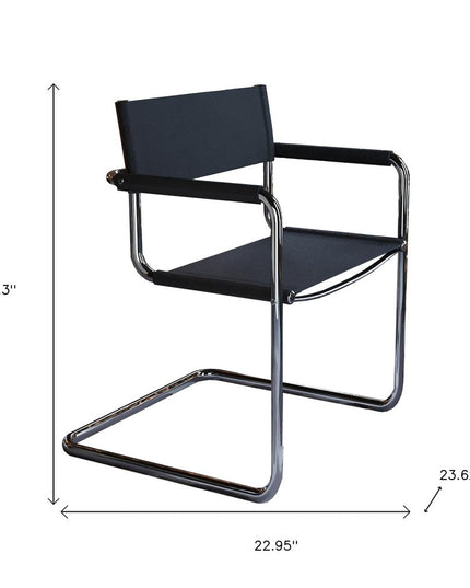 23" Silver And Black Genuine Leather and Stainless Steel Arm Chair