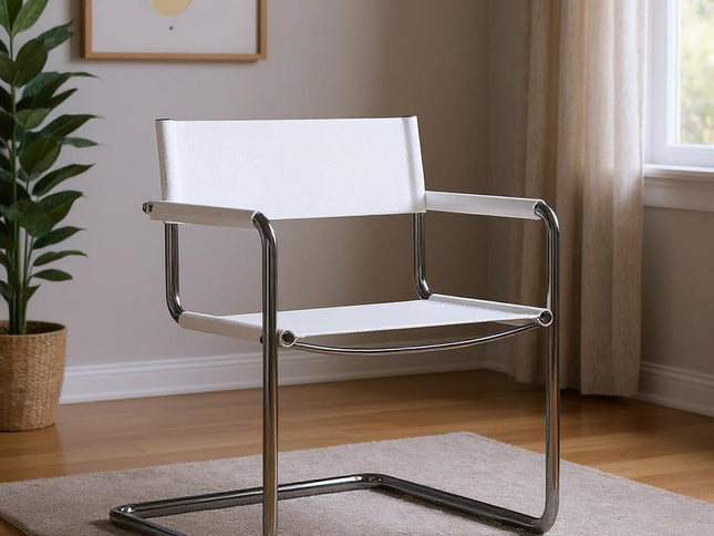 23" Silver And White Leather and Stainless Steel Arm Chair