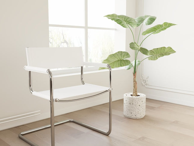 23" Silver And White Leather and Stainless Steel Arm Chair