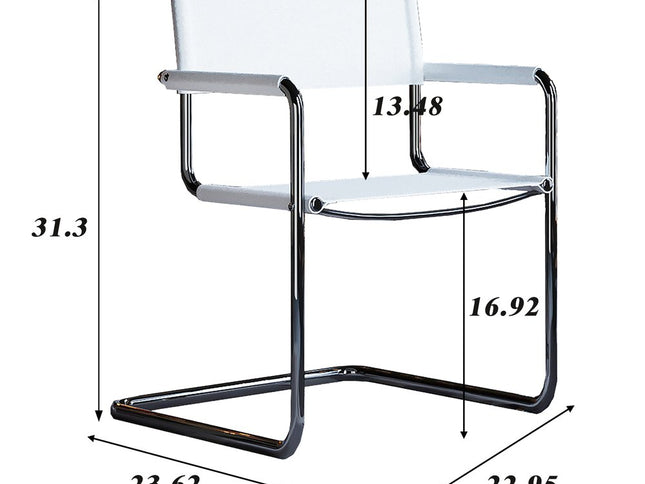 23" Silver And White Leather and Stainless Steel Arm Chair
