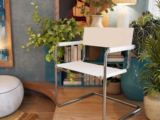 23" Silver And White Leather and Stainless Steel Arm Chair