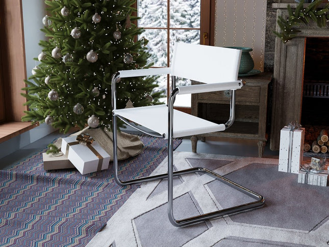 23" Silver And White Leather and Stainless Steel Arm Chair