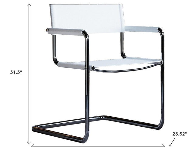 23" Silver And White Leather and Stainless Steel Arm Chair