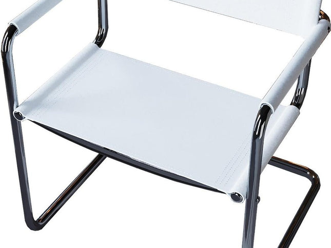 23" Silver And White Leather and Stainless Steel Arm Chair