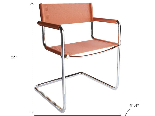 23" Silver And Terra Cotta Leather and Stainless Steel Arm Chair